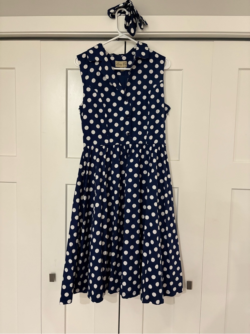 Lindy Bop Navy and White Polka Dot Sleeveless Dress